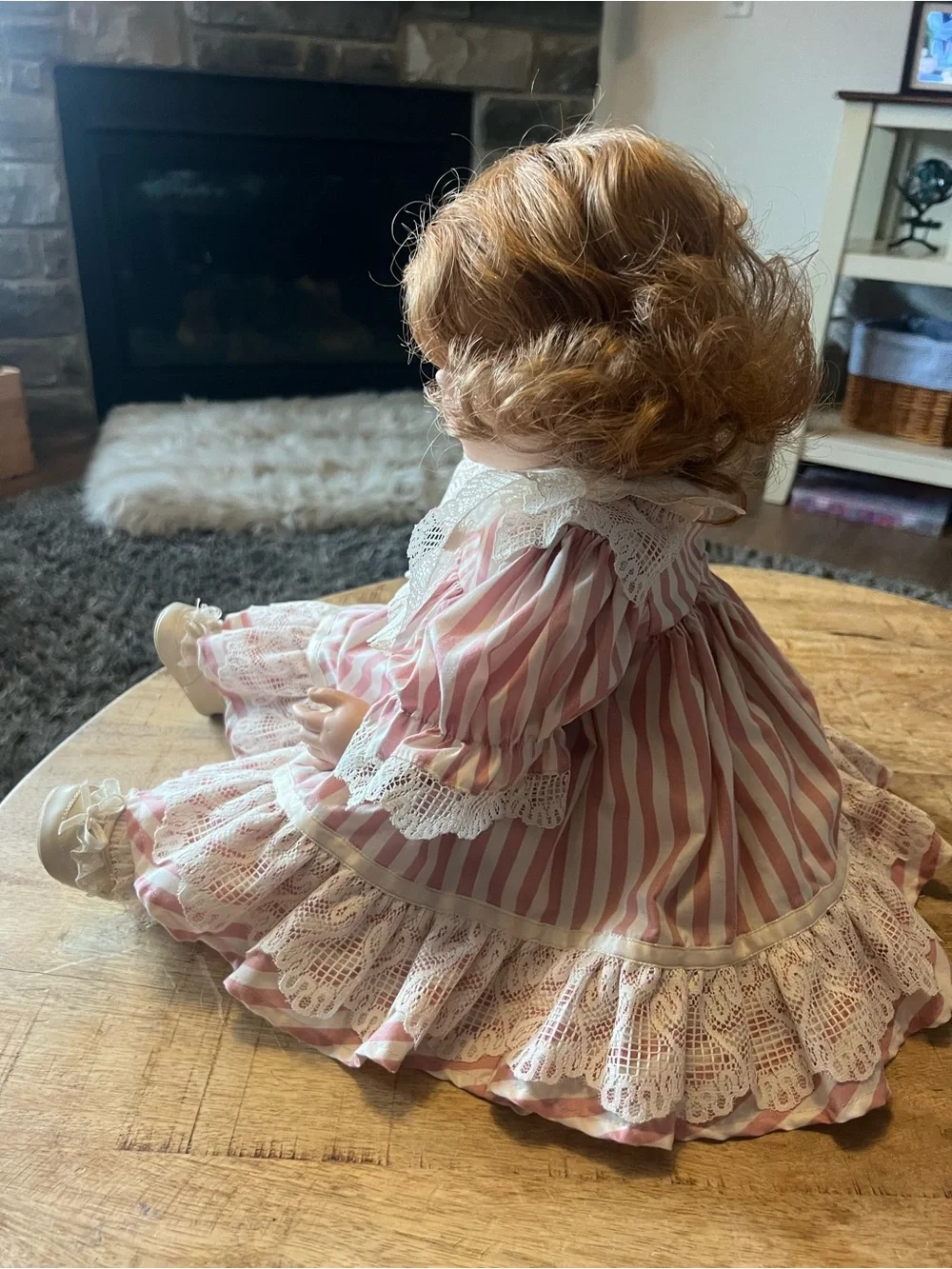 Dolls by Jerri 1990 Baby Doll in Pink & White Striped Lace Dress 20”